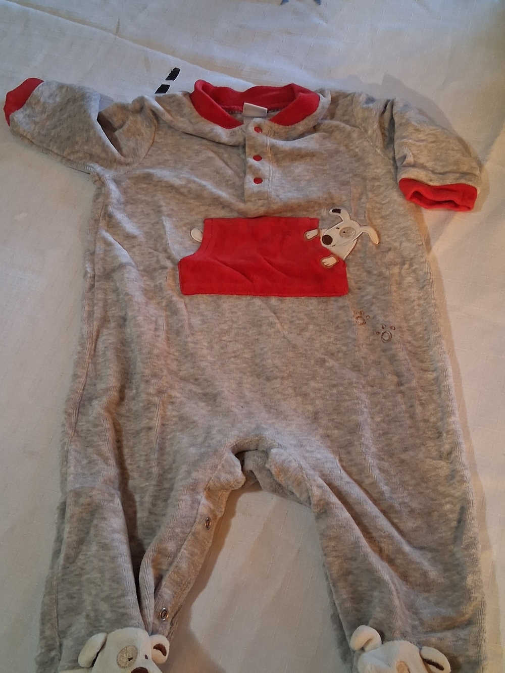 Little Me Gray and Red Footed One-Piece with Puppy Applique 6M 260896